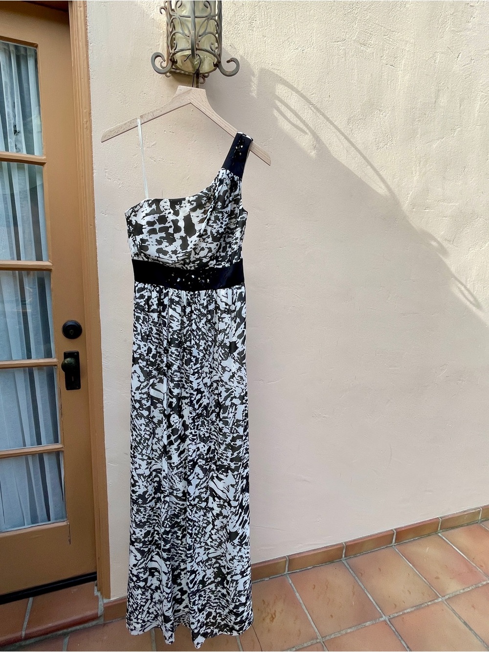 Max & Cleo One-Shoulder Black and White Printed Maxi Dress